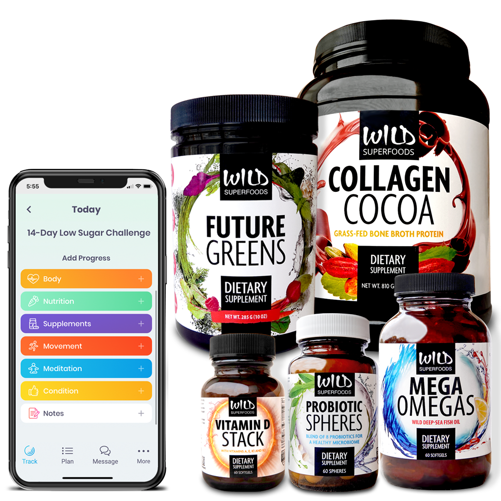 Wild Challenge Box with Wild Superfoods supplements and the Wild Challenge mobile app by Abel James
